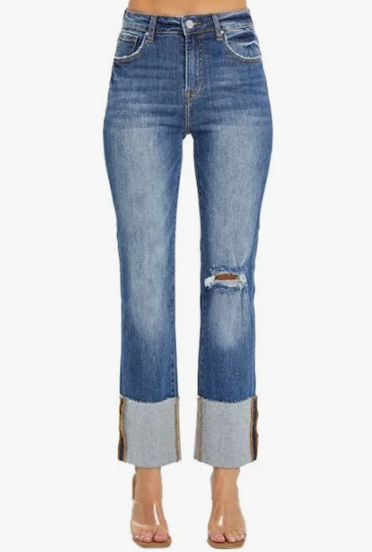 Risen Jeans Women's High Rise Wide Cuffed Straight Jeans